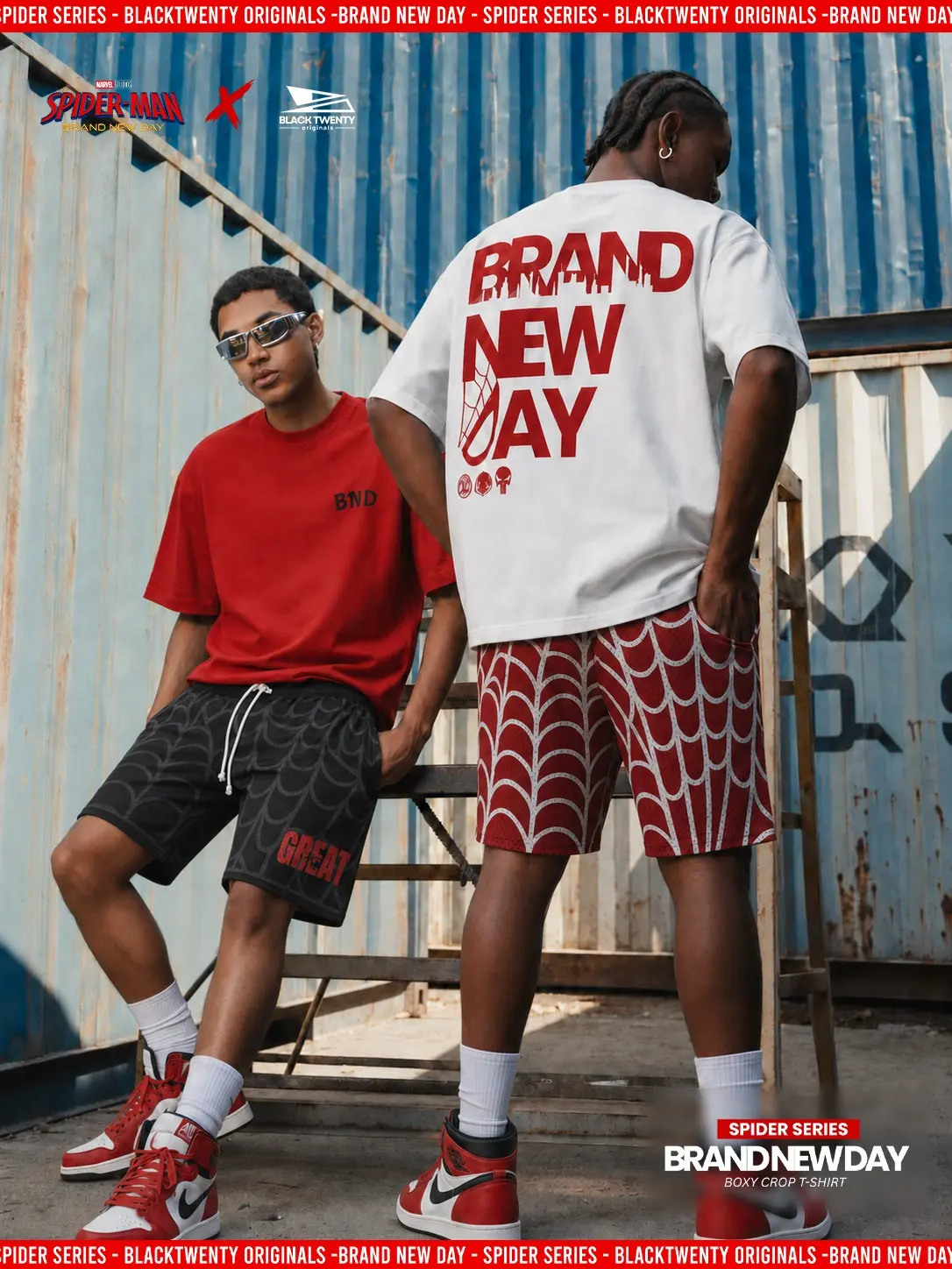 Models wearing the red and white Brand New Day Spider Series collection